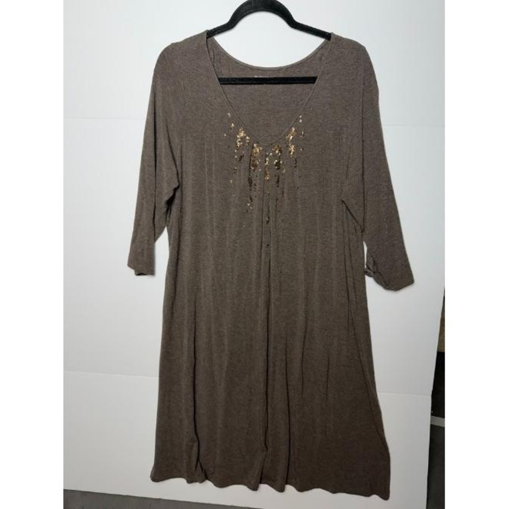 Eileen Fisher Knit Dress Women's XL Brown Beaded Sequin Midi 3/4 Sleeve Boho
